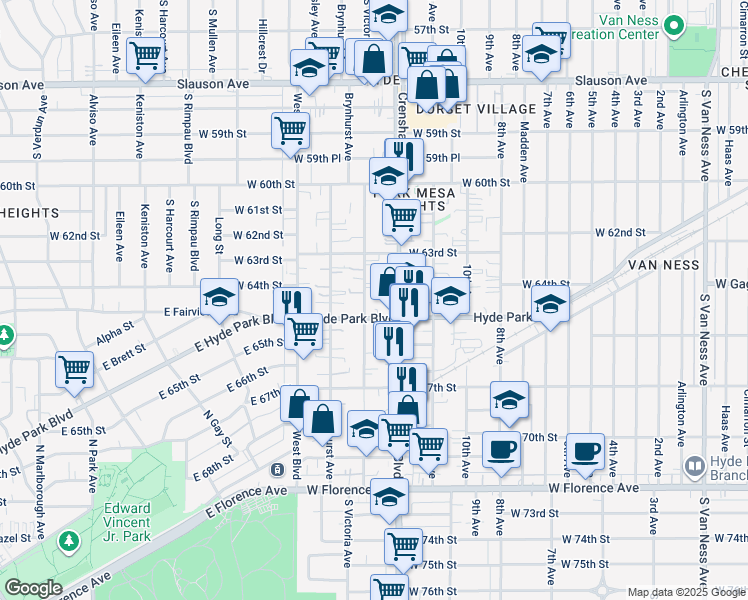 map of restaurants, bars, coffee shops, grocery stores, and more near 6416 South Victoria Avenue in Los Angeles