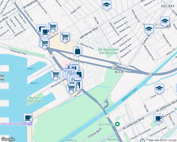 map of restaurants, bars, coffee shops, grocery stores, and more near 4745 La Villa Marina in Marina del Rey
