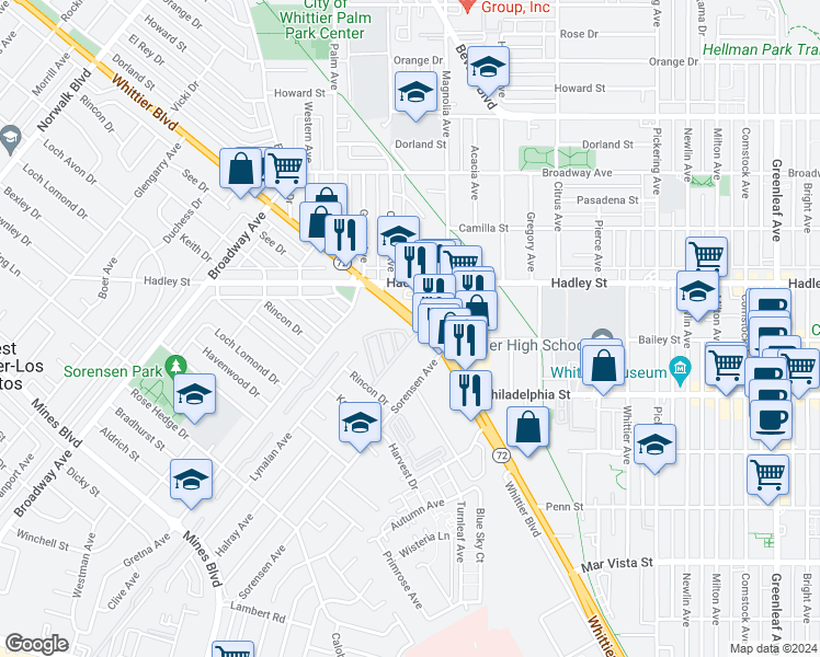 map of restaurants, bars, coffee shops, grocery stores, and more near 11730 Whittier Boulevard in Whittier