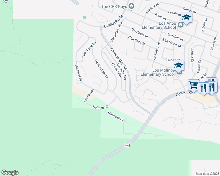 map of restaurants, bars, coffee shops, grocery stores, and more near 3398 Heather Field Drive in Hacienda Heights