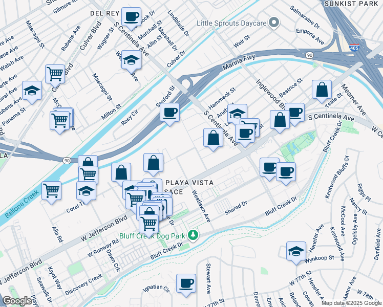 map of restaurants, bars, coffee shops, grocery stores, and more near 5519 Grosvenor Boulevard in Los Angeles