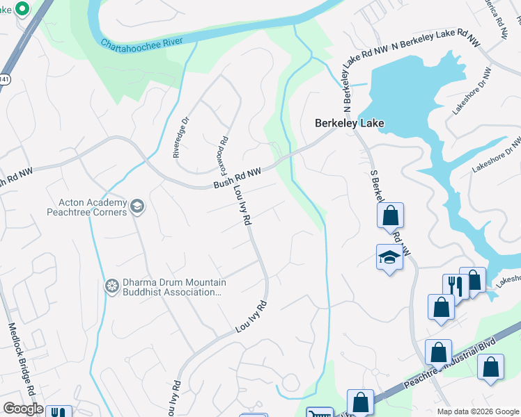 map of restaurants, bars, coffee shops, grocery stores, and more near 4675 Westchester Court in Duluth