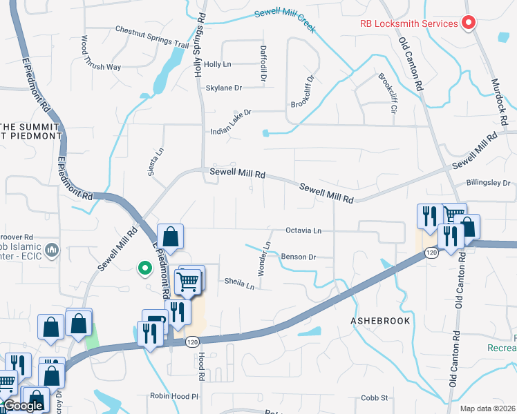 map of restaurants, bars, coffee shops, grocery stores, and more near 1327 Nonie Way in Marietta