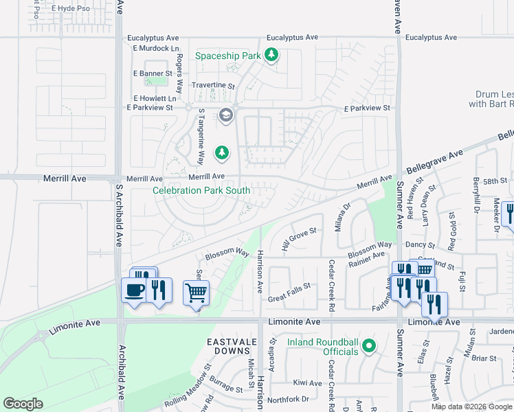 map of restaurants, bars, coffee shops, grocery stores, and more near 3137 East Discovery Street in Ontario