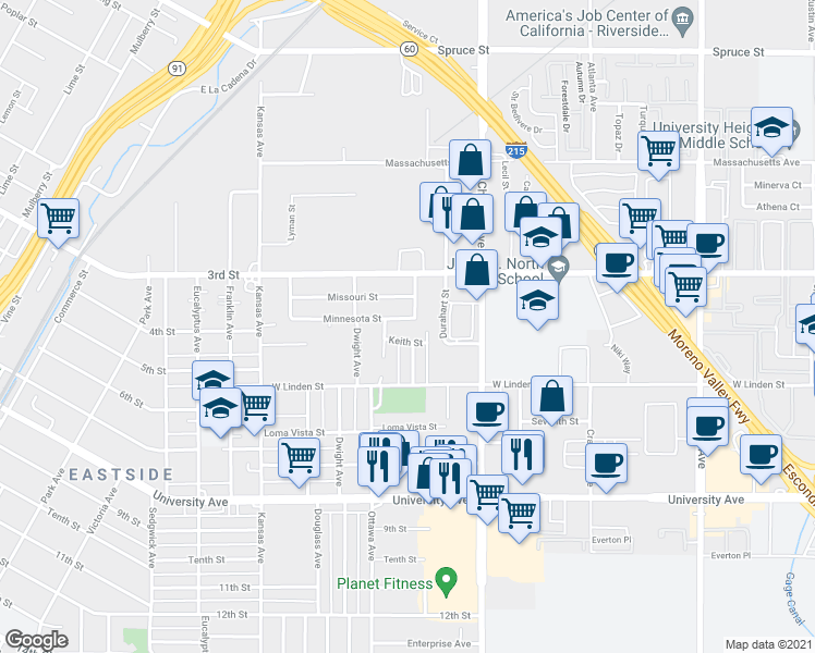map of restaurants, bars, coffee shops, grocery stores, and more near 1836 Minnesota Street in Riverside