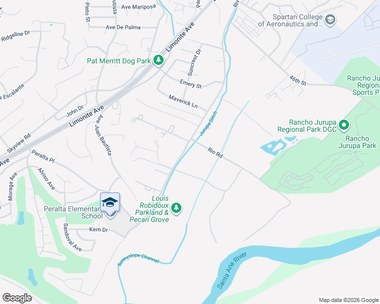 map of restaurants, bars, coffee shops, grocery stores, and more near 5066 Riverview Drive in Riverside