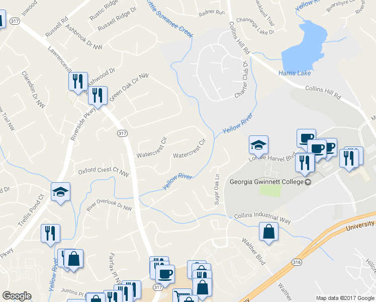 map of restaurants, bars, coffee shops, grocery stores, and more near 1604 Watercrest Circle in Lawrenceville