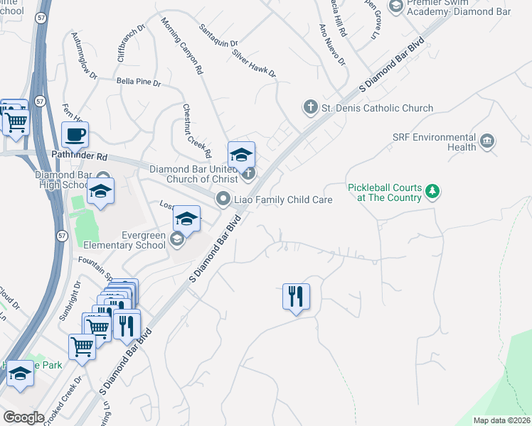 map of restaurants, bars, coffee shops, grocery stores, and more near 2503 Razzak Circle in Diamond Bar