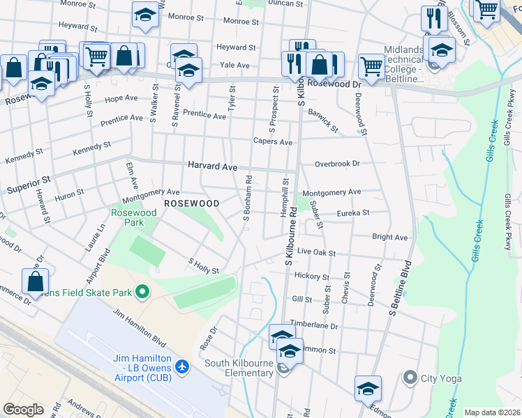 map of restaurants, bars, coffee shops, grocery stores, and more near 801 South Prospect Street in Columbia