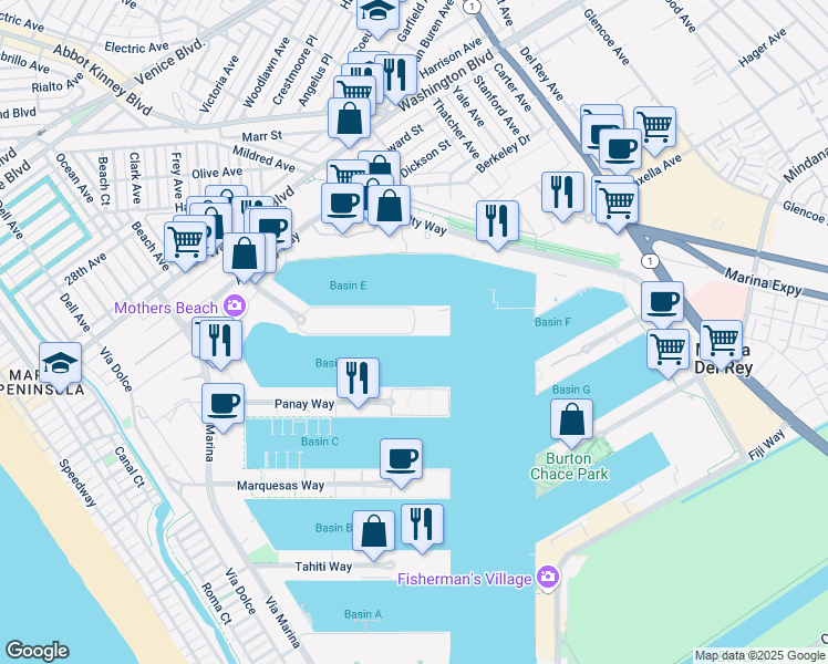 map of restaurants, bars, coffee shops, grocery stores, and more near 14017 Palawan Way in Marina del Rey