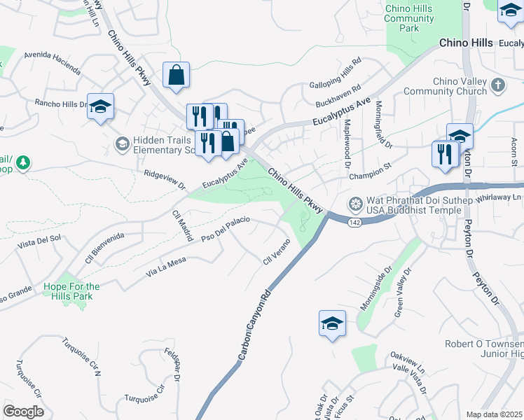 map of restaurants, bars, coffee shops, grocery stores, and more near 2702 Avenida Marguerite in Chino Hills