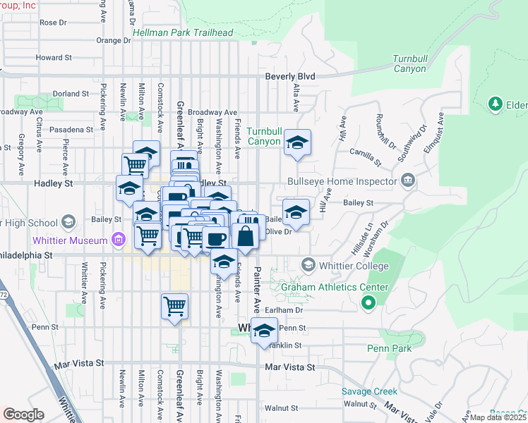 map of restaurants, bars, coffee shops, grocery stores, and more near 6546 Painter Avenue in Whittier