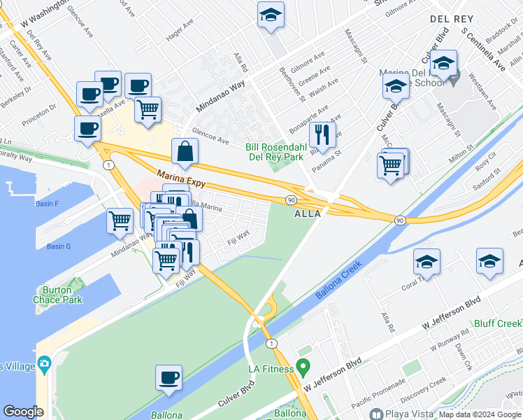 map of restaurants, bars, coffee shops, grocery stores, and more near 4804 La Villa Marina in Marina del Rey