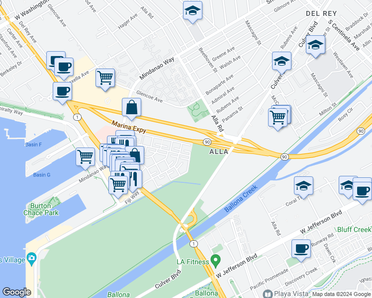 map of restaurants, bars, coffee shops, grocery stores, and more near 4804 La Villa Marina in Marina del Rey