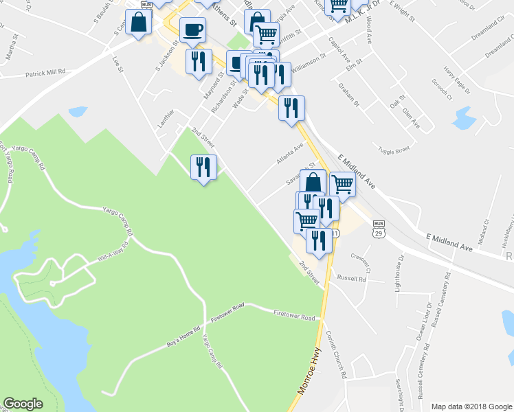 map of restaurants, bars, coffee shops, grocery stores, and more near 230 Savannah Street in Winder