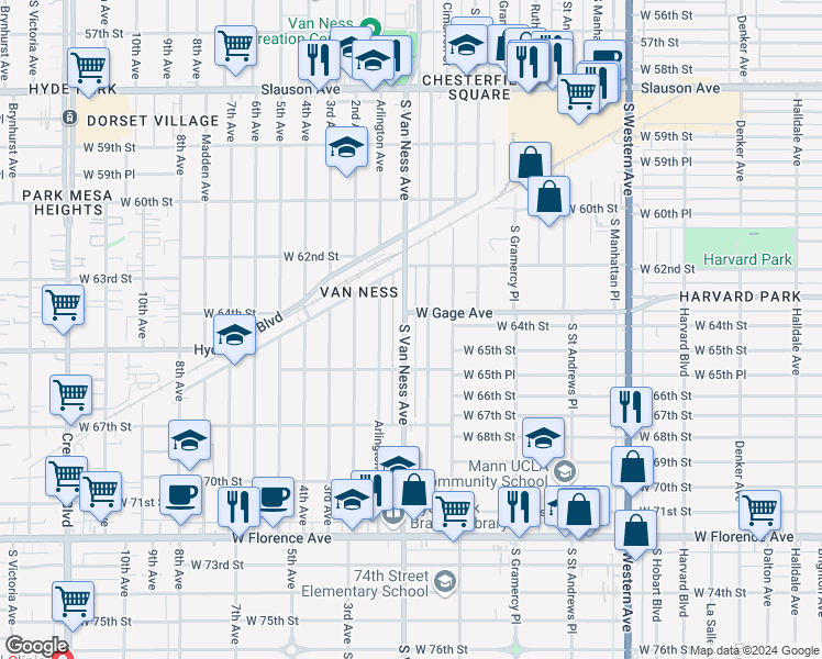 map of restaurants, bars, coffee shops, grocery stores, and more near 6418 South Van Ness Avenue in Los Angeles