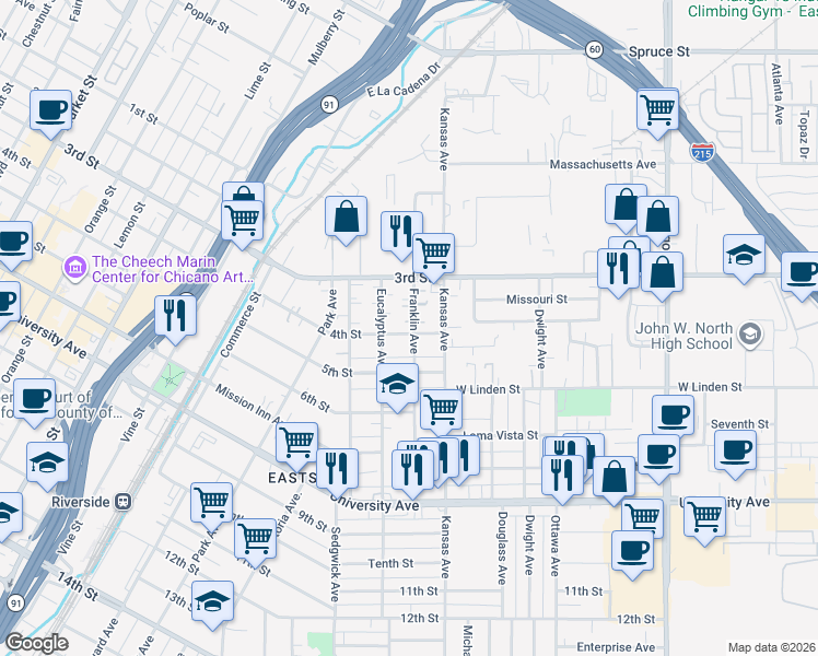 map of restaurants, bars, coffee shops, grocery stores, and more near 3409 Franklin Avenue in Riverside