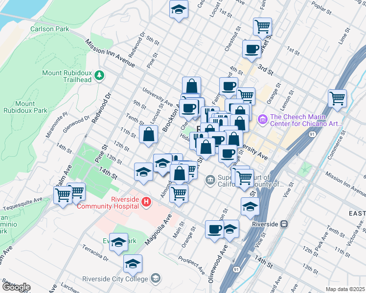 map of restaurants, bars, coffee shops, grocery stores, and more near 3892 Tenth Street in Riverside