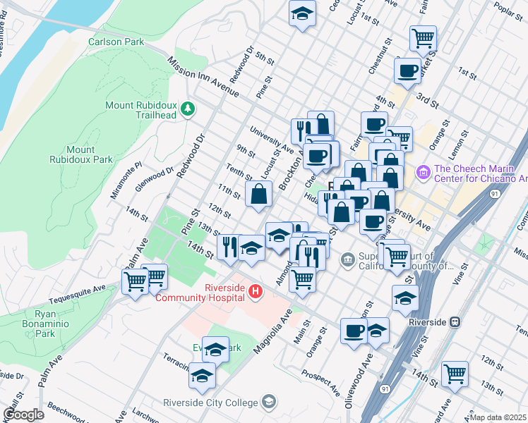 map of restaurants, bars, coffee shops, grocery stores, and more near 4110 Brockton Avenue in Riverside