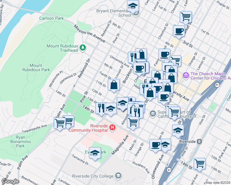 map of restaurants, bars, coffee shops, grocery stores, and more near 4110 Brockton Avenue in Riverside