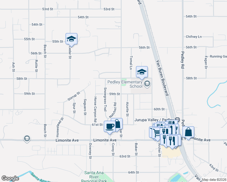 map of restaurants, bars, coffee shops, grocery stores, and more near 9205 59th Street in Riverside