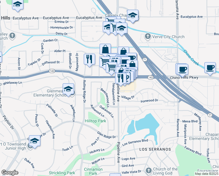 map of restaurants, bars, coffee shops, grocery stores, and more near 14990 Redwood Lane in Chino Hills