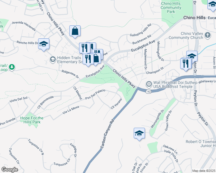 map of restaurants, bars, coffee shops, grocery stores, and more near 2702 Avenida Marguerite in Chino Hills