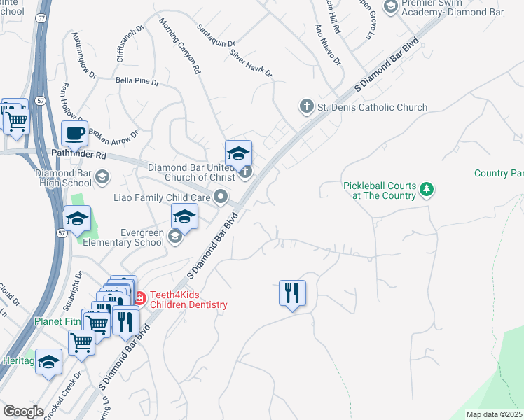 map of restaurants, bars, coffee shops, grocery stores, and more near 2503 Razzak Circle in Diamond Bar