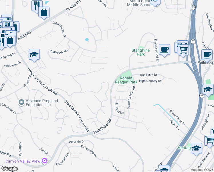 map of restaurants, bars, coffee shops, grocery stores, and more near 20470 Rance Drive in Walnut