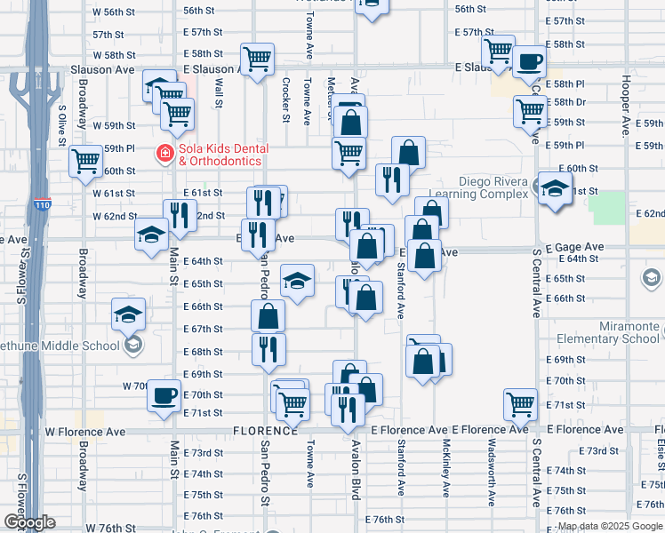 map of restaurants, bars, coffee shops, grocery stores, and more near 507 East 65th Street in Los Angeles