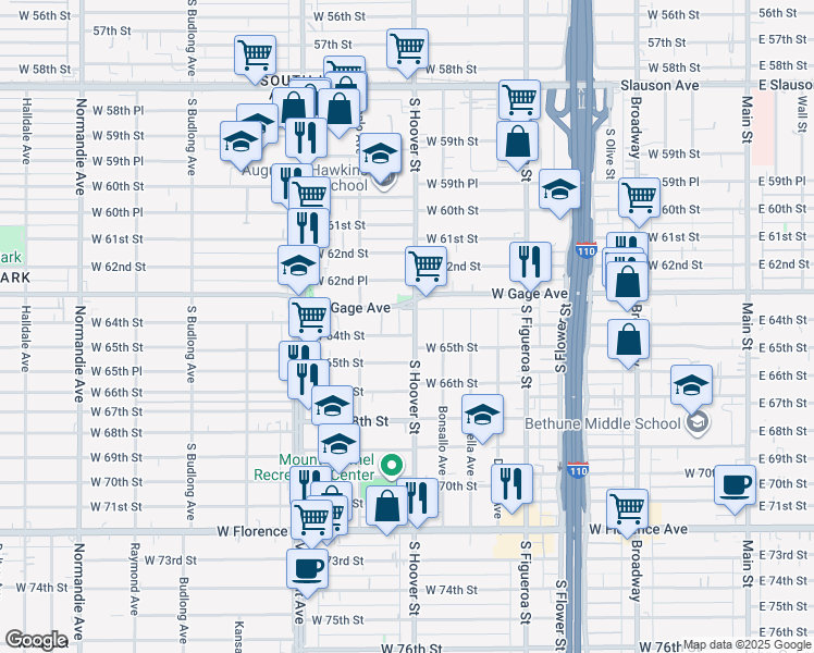 map of restaurants, bars, coffee shops, grocery stores, and more near 6414 South Hoover Street in Los Angeles