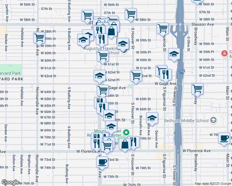 map of restaurants, bars, coffee shops, grocery stores, and more near 917 1/2 West 64th Street in Los Angeles