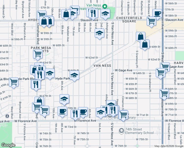 map of restaurants, bars, coffee shops, grocery stores, and more near 6518 4th Avenue in Los Angeles