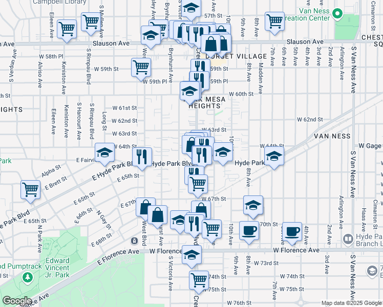 map of restaurants, bars, coffee shops, grocery stores, and more near 3429 Hyde Park Boulevard in Los Angeles