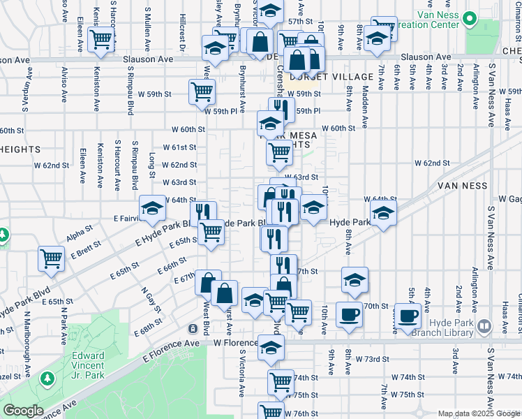map of restaurants, bars, coffee shops, grocery stores, and more near 3429 Hyde Park Boulevard in Los Angeles