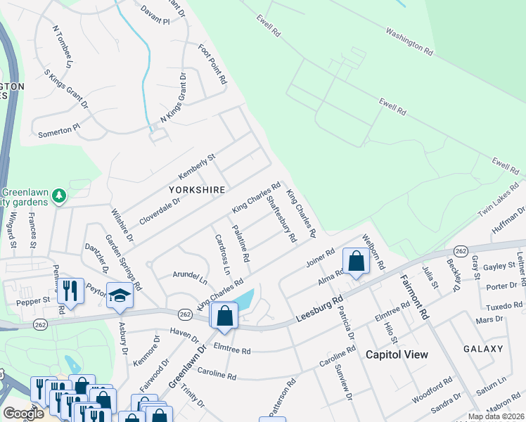 map of restaurants, bars, coffee shops, grocery stores, and more near 18 Shaftesbury Lane in Columbia