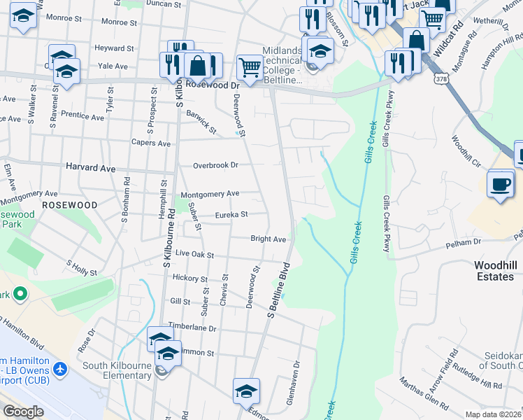 map of restaurants, bars, coffee shops, grocery stores, and more near 3938 Eureka Street in Columbia