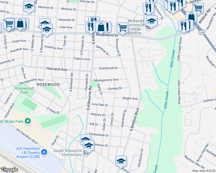 map of restaurants, bars, coffee shops, grocery stores, and more near 3836 Eureka Street in Columbia