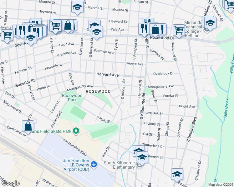 map of restaurants, bars, coffee shops, grocery stores, and more near 3418 Lanier Avenue in Columbia