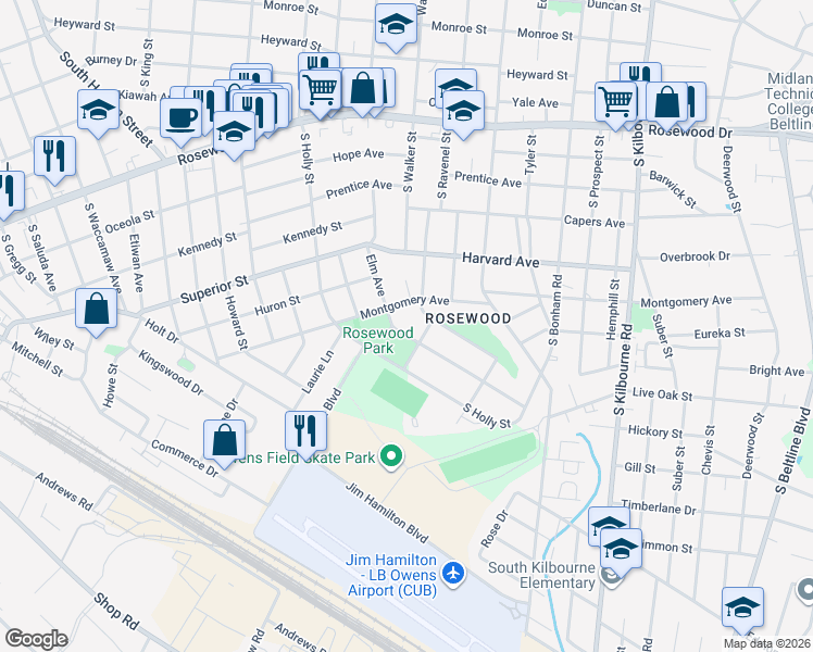 map of restaurants, bars, coffee shops, grocery stores, and more near 901 South Holly Street in Columbia