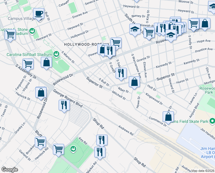 map of restaurants, bars, coffee shops, grocery stores, and more near 807 Royster Street in Columbia