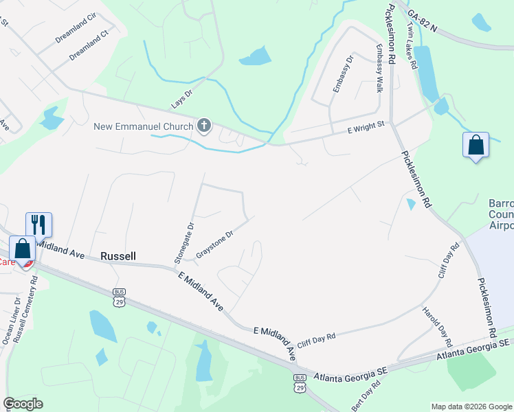 map of restaurants, bars, coffee shops, grocery stores, and more near 526 Stoneridge Drive in Winder