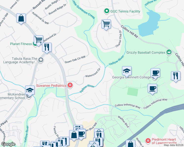 map of restaurants, bars, coffee shops, grocery stores, and more near 1604 Watercrest Circle in Lawrenceville