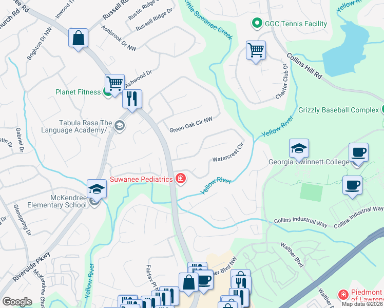 map of restaurants, bars, coffee shops, grocery stores, and more near 2024 Watercrest Circle in Lawrenceville