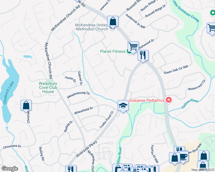 map of restaurants, bars, coffee shops, grocery stores, and more near 727 Regina Court Northwest in Lawrenceville