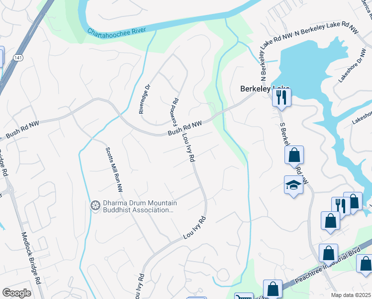 map of restaurants, bars, coffee shops, grocery stores, and more near 4718 Lou Ivy Road in Duluth