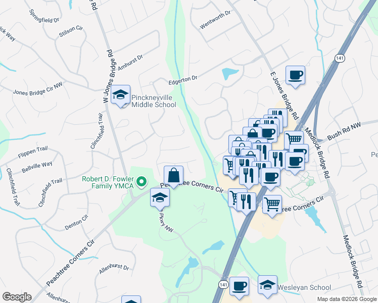 map of restaurants, bars, coffee shops, grocery stores, and more near 5325 Golden Leaf Trail in Norcross