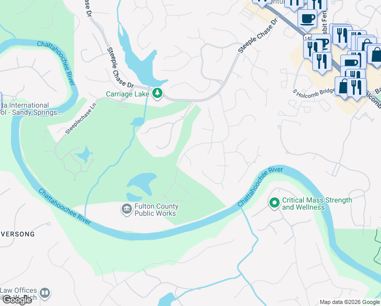 map of restaurants, bars, coffee shops, grocery stores, and more near 215 Back Tee Court in Roswell