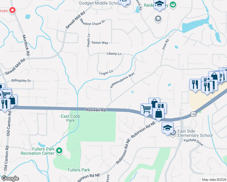 map of restaurants, bars, coffee shops, grocery stores, and more near 1254 Independence Way in Marietta