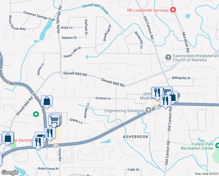 map of restaurants, bars, coffee shops, grocery stores, and more near 1296 Hilton Drive in Marietta